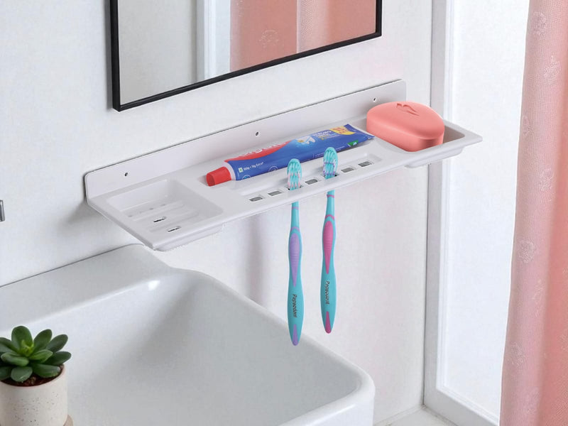 Wall-Mounted  Bathroom Shelf Organizer with Toothbrush & Soap Holder (pack of 2)