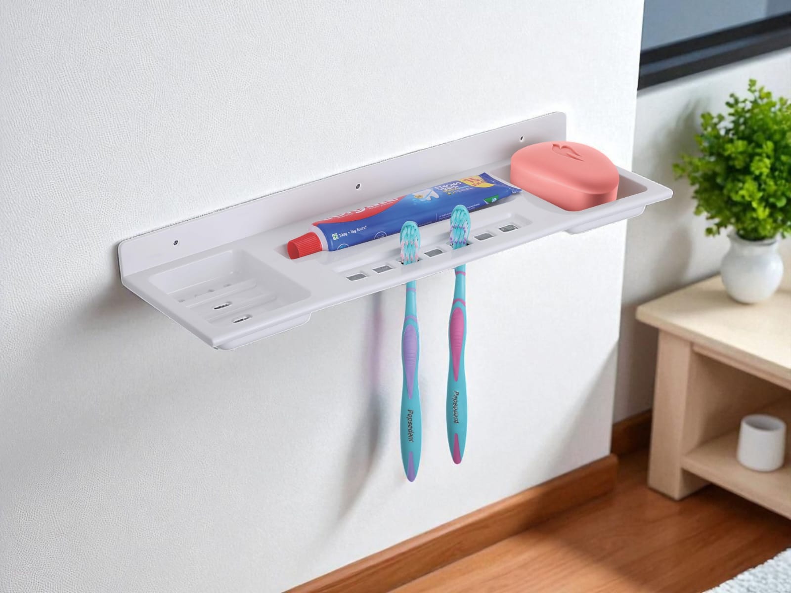 Wall-Mounted  Bathroom Shelf Organizer with Toothbrush & Soap Holder (pack of 2)